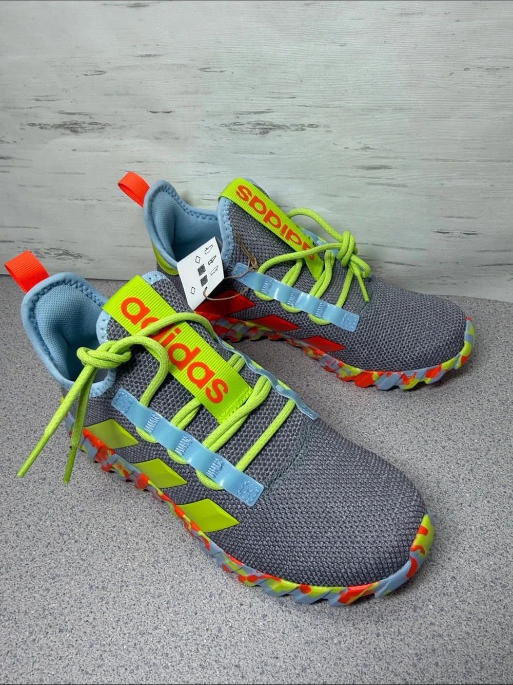 adidas Gray Sneakers with Neon Green & Orange Accents - Kids